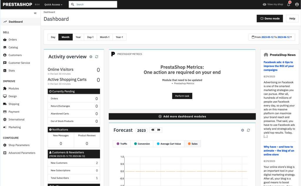 Tableau de bord PrestaShop 9.0