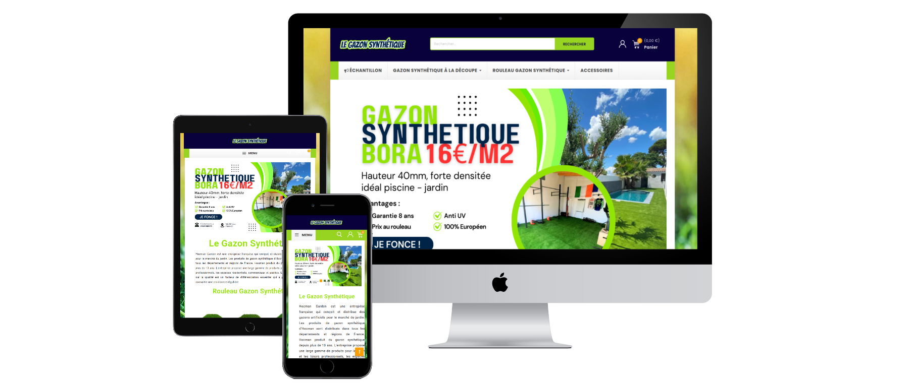 Site e-commerce PrestaShop de vente de gazon synthétique en France, développé par PrestaWeb